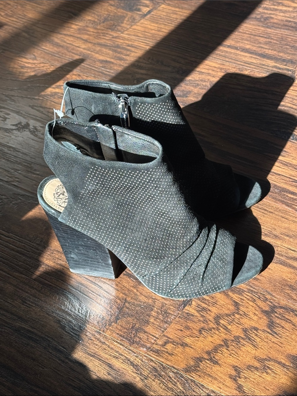 Vince Camuto Black Suede Peep-Toe Block Heel Booties